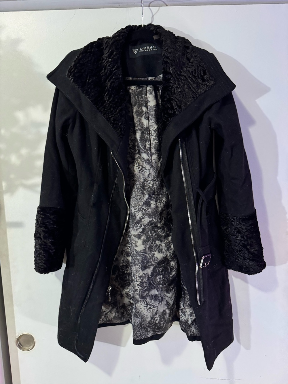 Guess Black Trench Coat with Faux Fur Trim Size Small